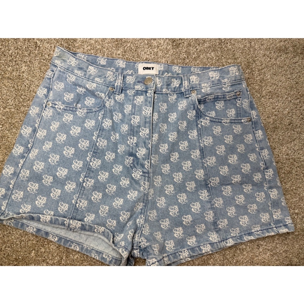 Obey Womens High Waisted Monogram Logo Denim Shorts Light Wash Blue Size 29